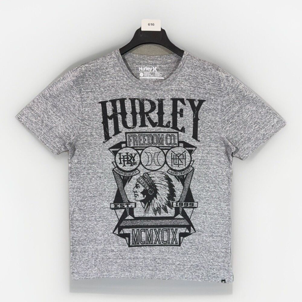 Hurley Mens T Shirt Large Gray Freedom Co Graphic Native Chief Headdress Graphic